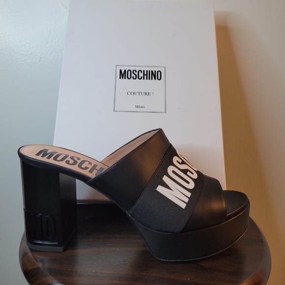 Mochino Open Toe Platform Mule Pumps Black leather Size 40 (US Size 10) - Picture 5 of 6